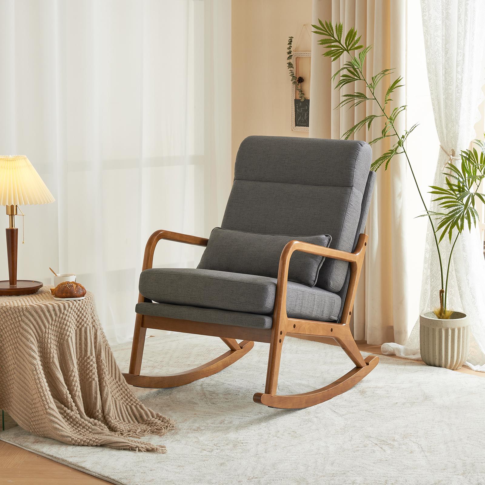 High Back Dark Gray Rocking with Solid Wood Armrest, Iron Frame, Linen Upholstered Seat, Dual-Use Indoor Armchair with Lumbar Pillow