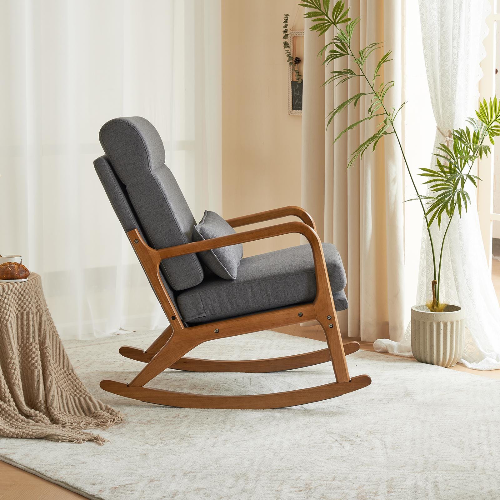 High Back Dark Gray Rocking with Solid Wood Armrest, Iron Frame, Linen Upholstered Seat, Dual-Use Indoor Armchair with Lumbar Pillow