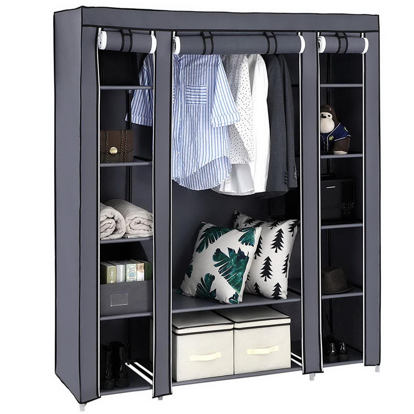 Portable Clothes Closet: 69" Gray Non-Woven Fabric Wardrobe Organizer