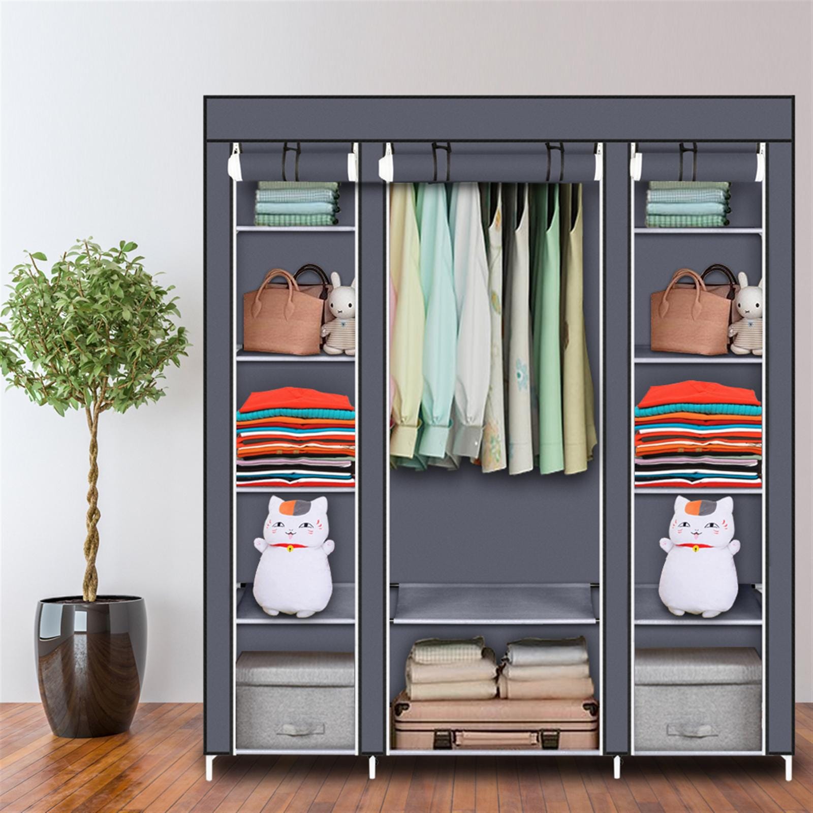 Portable Clothes Closet: 69" Gray Non-Woven Fabric Wardrobe Organizer