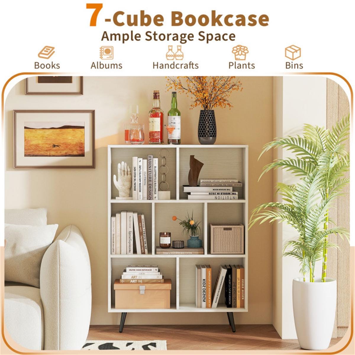 7 Cube 3 Tier Modern Bookcase White Bookshelf Storage Organizer with Metal Legs for Living Room Office Bedroom Home Decor