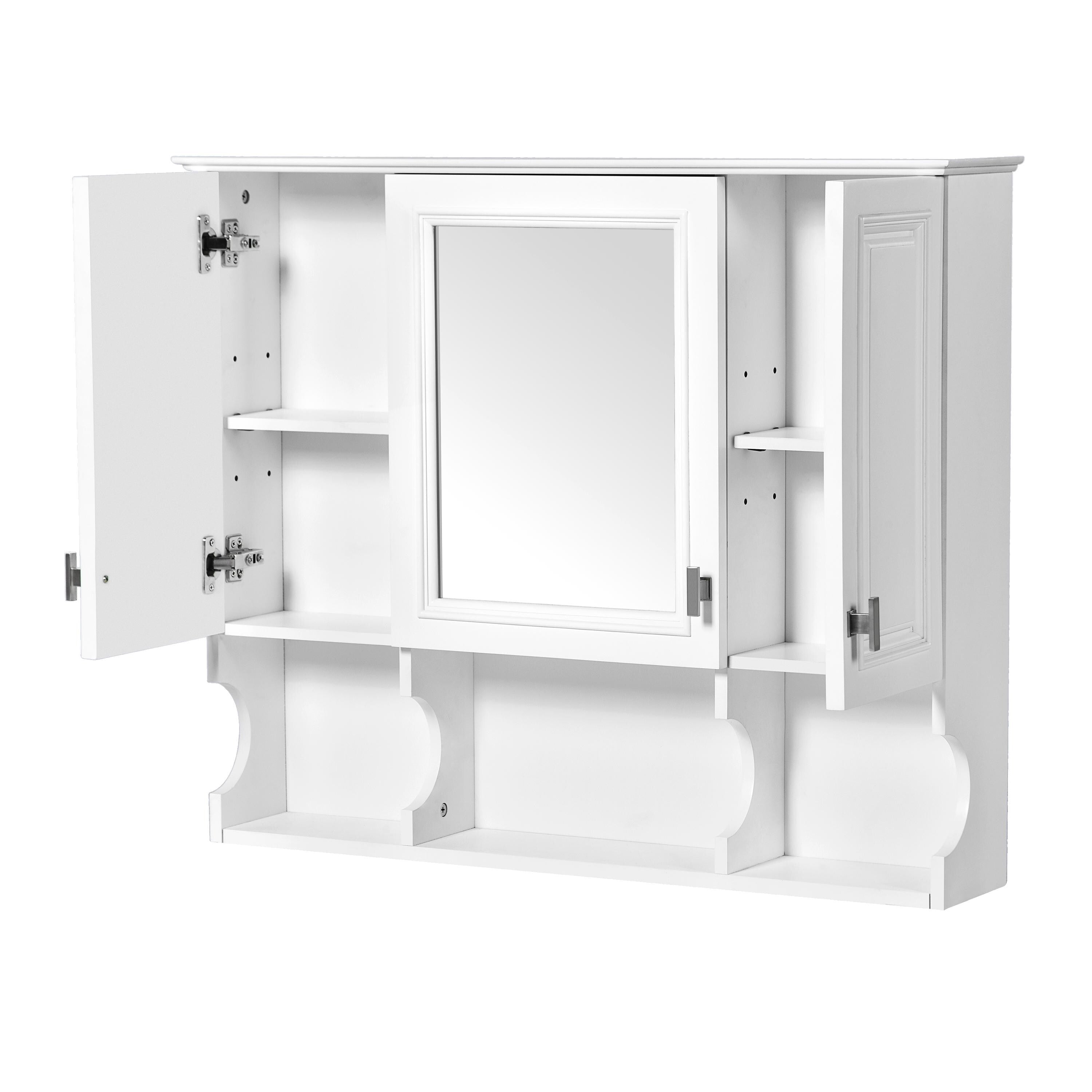 35x28 Wall Mounted Bathroom Medicine Cabinet with Mirror & Open Shelves | White MDF Modern Vanity Mirror Cabinet Storage Organizer