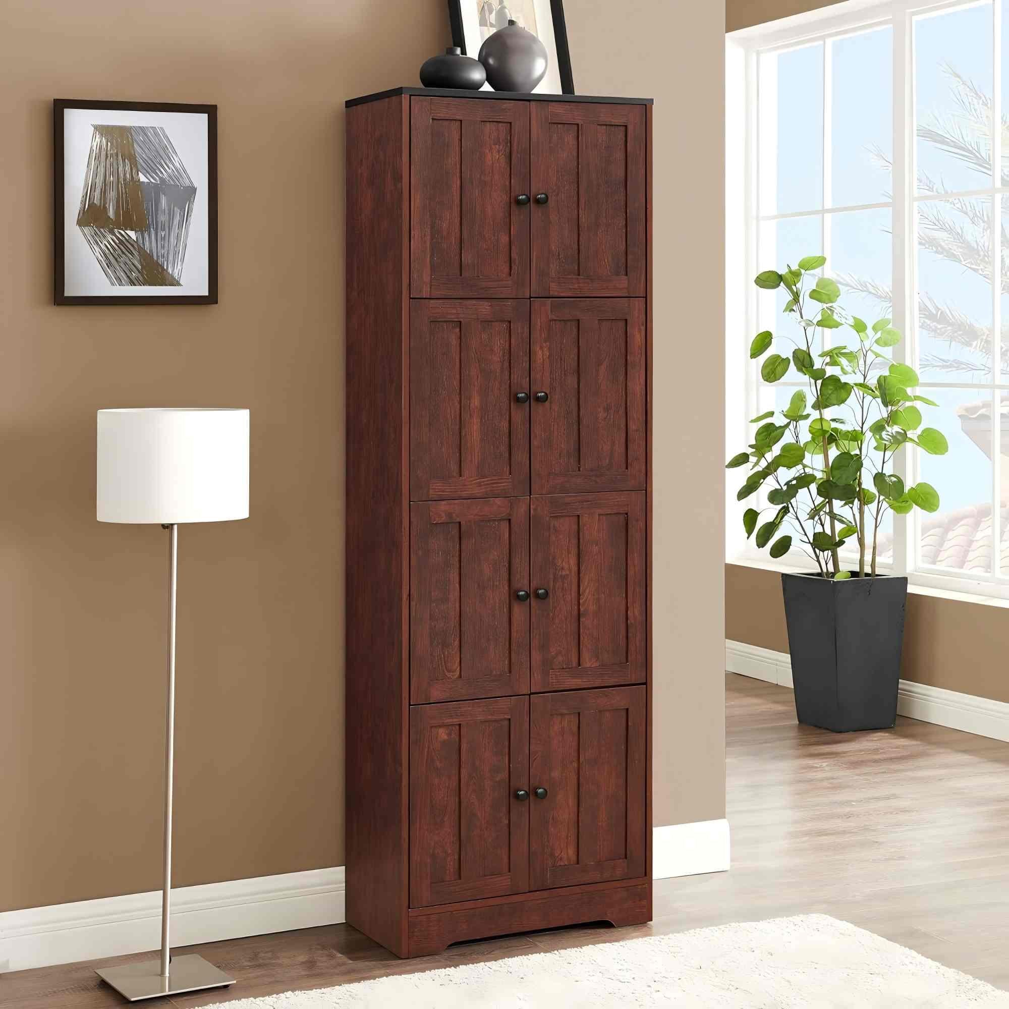 Tall Storage Cabinet 8 Doors 4 Shelves | Walnut Wood Pantry Organizer for Living Room Kitchen Office Bathroom Bedroom Furniture