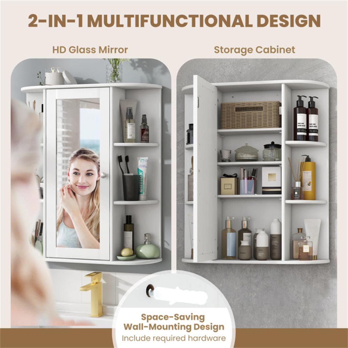 White Wall-Mounted Bathroom Cabinet with Mirror & Adjustable Shelves | Space-Saving MDF Storage Organizer for Toiletries