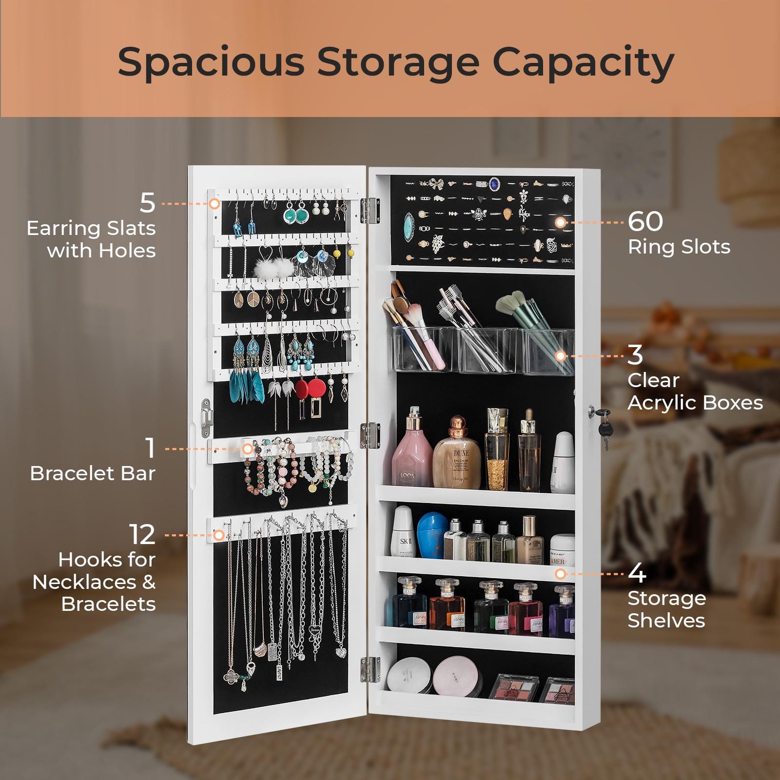 Wall Hanging Jewelry Mirror Cabinet with Lock | Full-Length PVC Film Door Jewelry Organizer, Velvet Lining & Hooks for Women