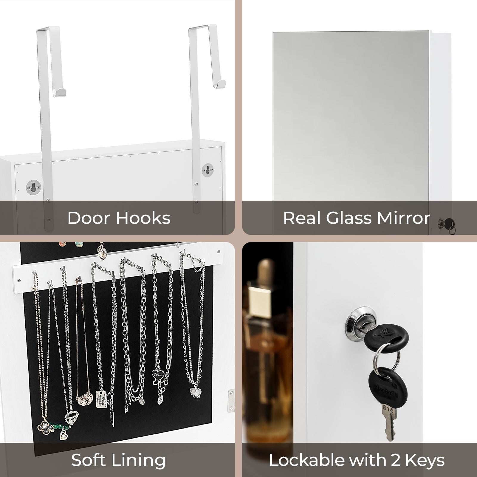 Wall Hanging Jewelry Mirror Cabinet with Lock | Full-Length PVC Film Door Jewelry Organizer, Velvet Lining & Hooks for Women