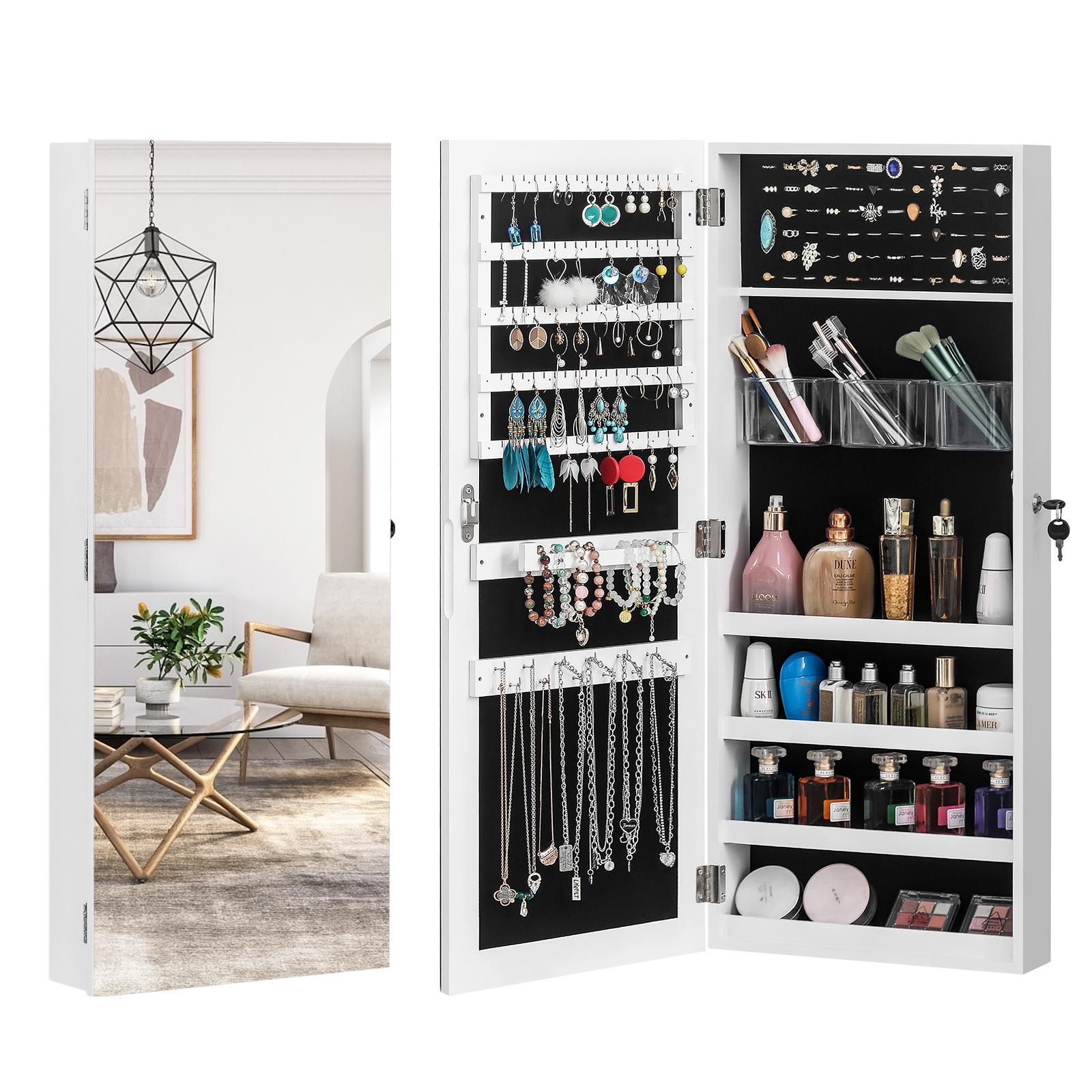 Wall Hanging Jewelry Mirror Cabinet with Lock | Full-Length PVC Film Door Jewelry Organizer, Velvet Lining & Hooks for Women