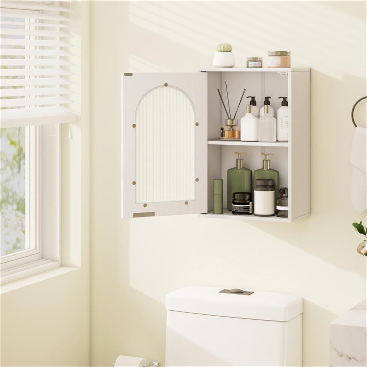 White Wall-Mounted Bathroom Medicine Cabinet | Wavy Tempered Glass Door Storage with Adjustable Shelves & Modern MDF Design