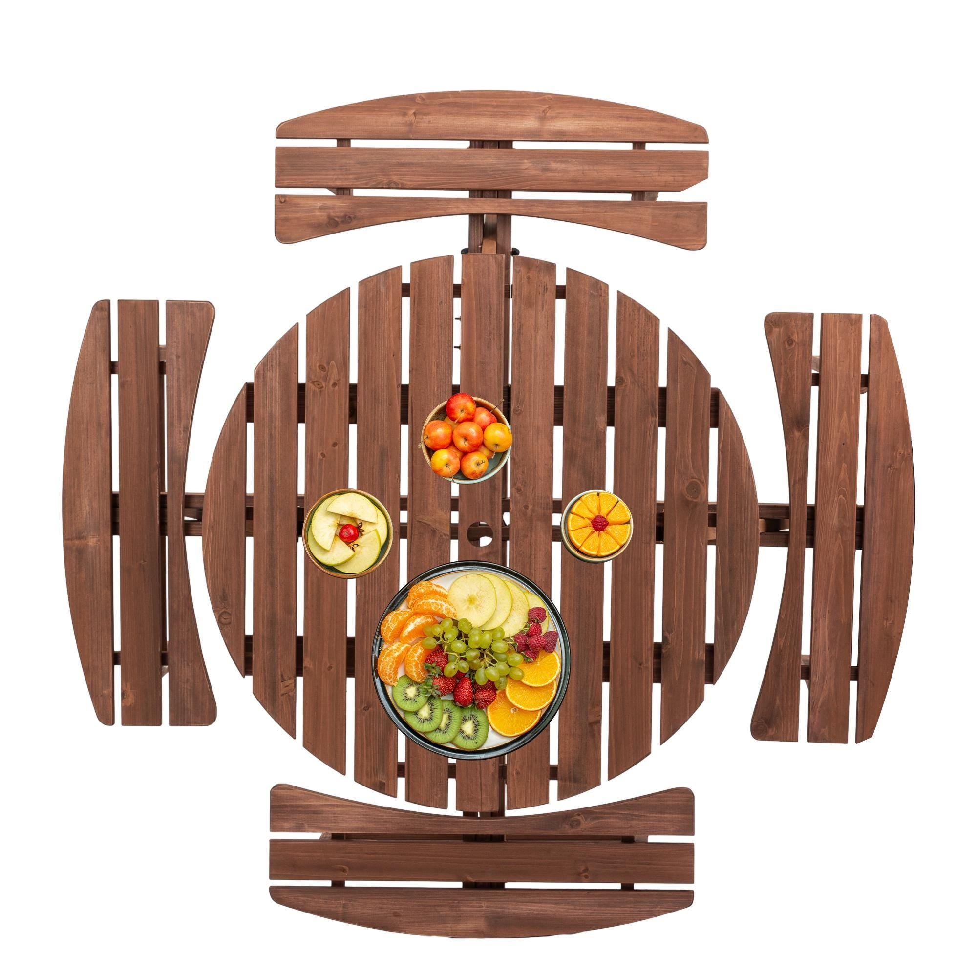 8-Person Outdoor Circular Wooden Picnic Table with 4 Built-In Benches | Patio Backyard Garden Dining Table Brown