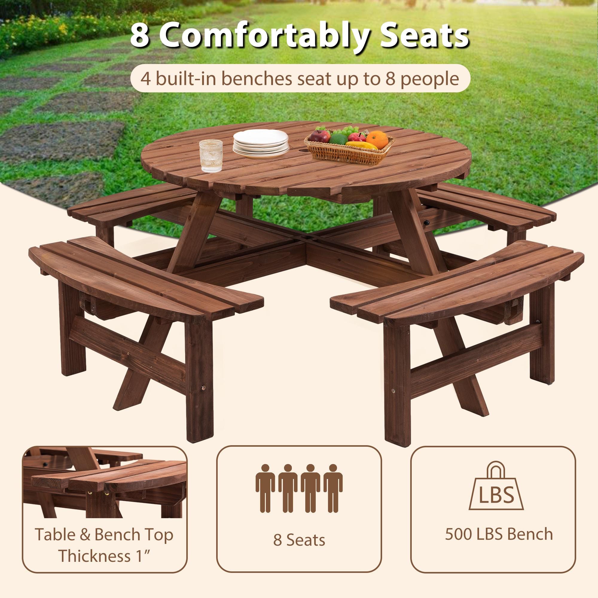 8-Person Outdoor Circular Wooden Picnic Table with 4 Built-In Benches | Patio Backyard Garden Dining Table Brown