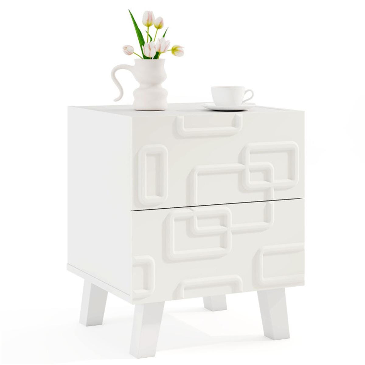 White Modern Nightstand with 2 Drawers | Geometric Bedroom Side Table | Minimalist Bedside Table for Living Room & Home Decor