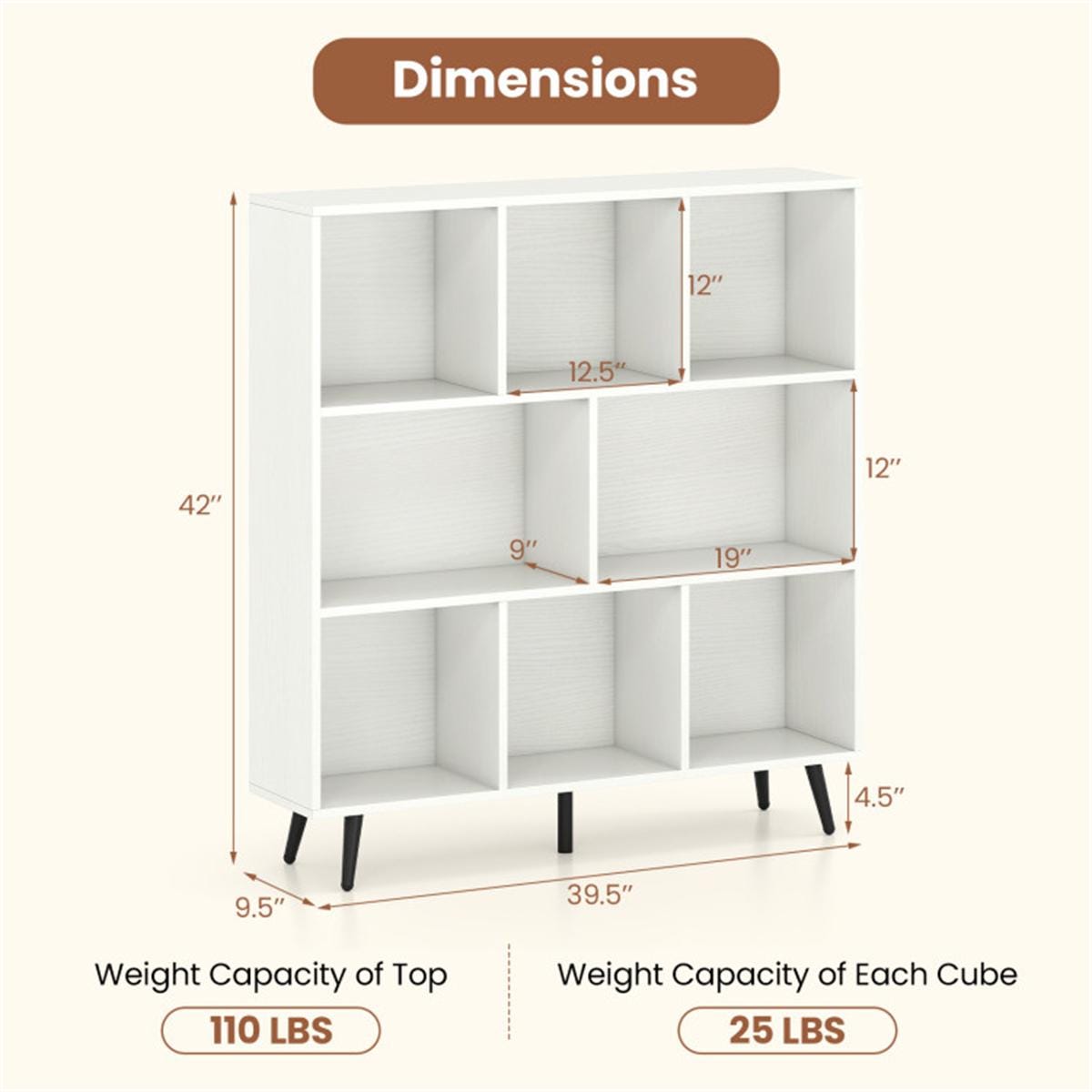 8 Cube Bookcase 3-Tier Modern Bookshelf with Metal Legs | White Storage Organizer for Home Office Decor & Display