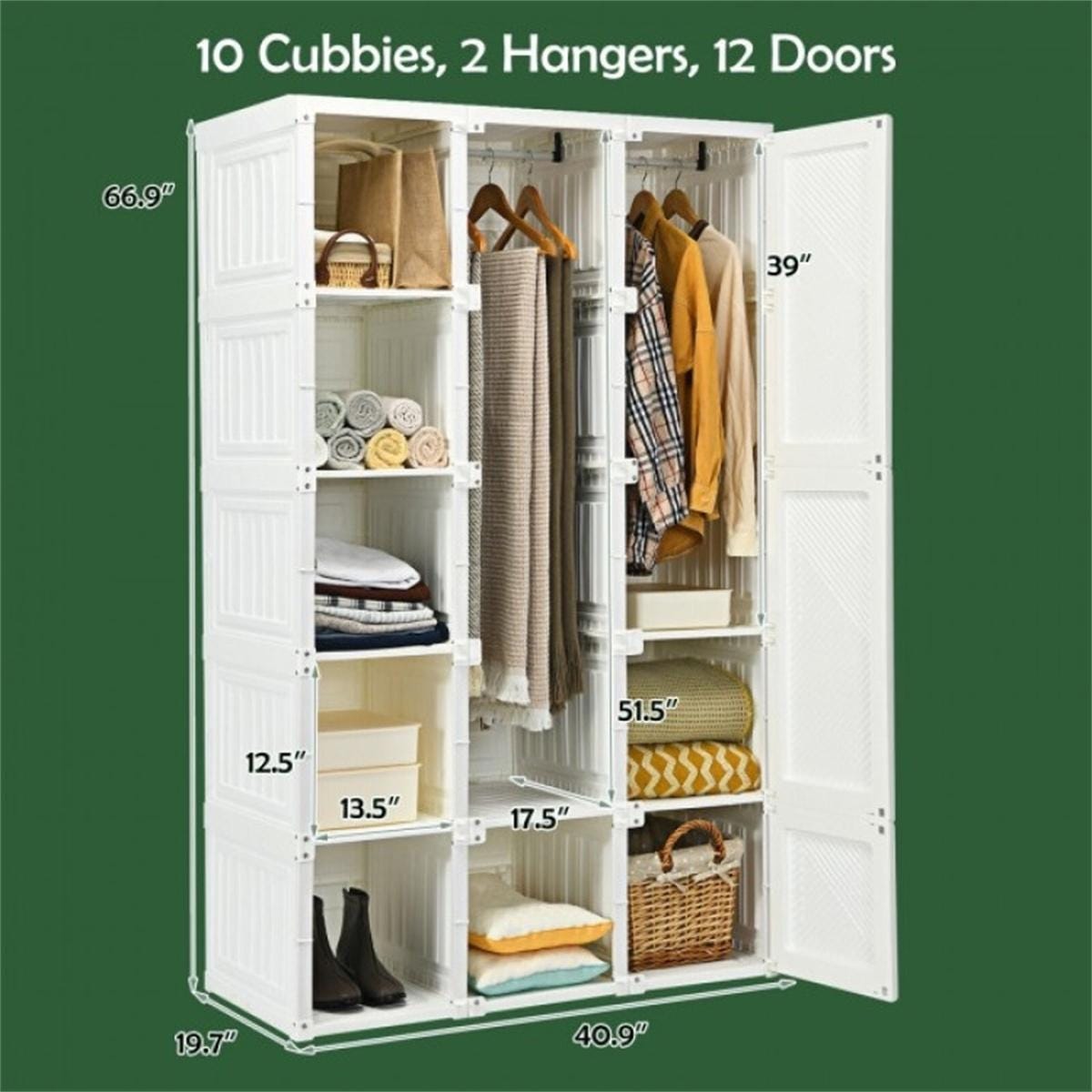 Portable Closet Wardrobe with 10 Cubes | Foldable Modern Armoire Storage Organizer for Clothes, Bedroom, Nursery, Living Room