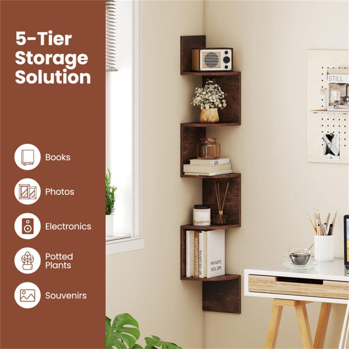 5-Tier Wall Mounted Corner Shelf Rustic Brown | Floating Bookshelf Organizer for Living Room, Bedroom, Kitchen, Office Storage